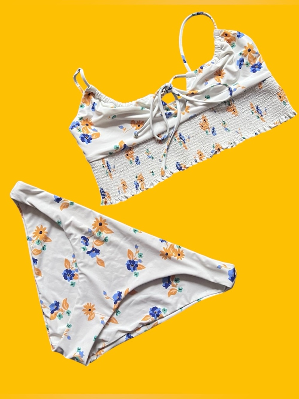 Bond-Eye White Floral Smocked Bikini Set Blue & Yellow Flowers, S Top M Bottom